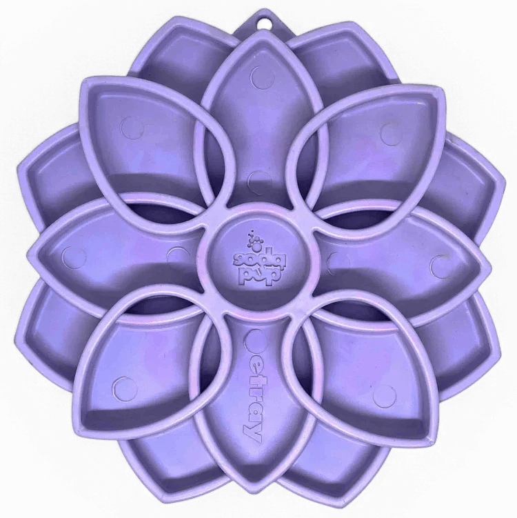 Pastel purple SodaPup Mandala Softie eTray shallow slow feeder dog bowl with suction cups, USA-made, designed for easy feeding.