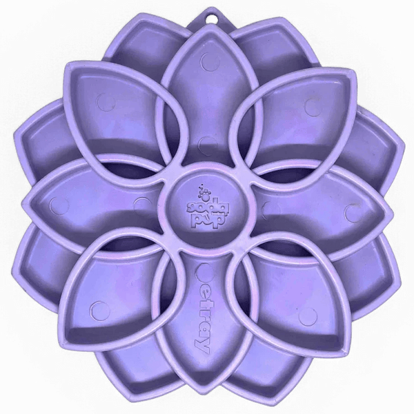 Pastel purple SodaPup Mandala Softie eTray shallow slow feeder dog bowl with suction cups, USA-made, designed for easy feeding.