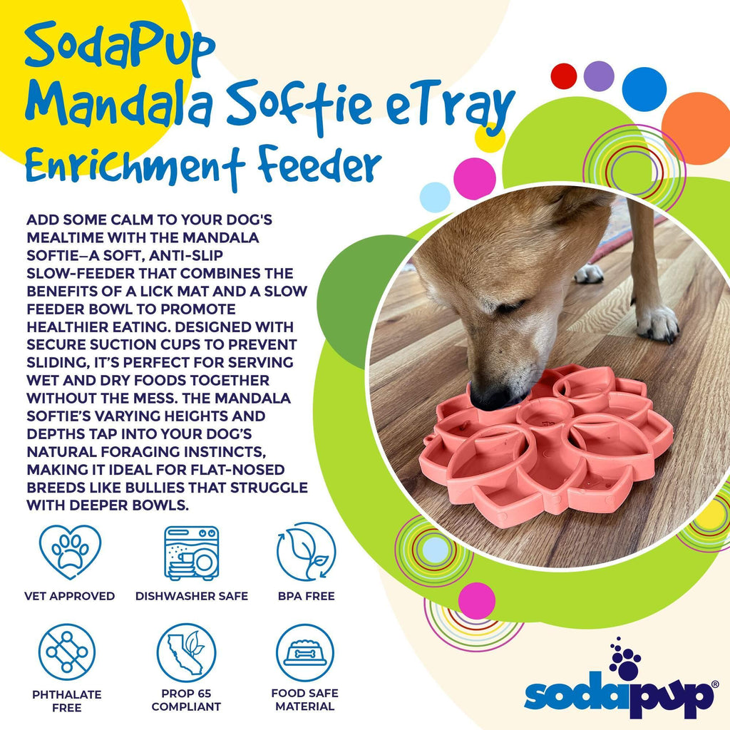 Pastel purple Mandala Softie ETRAY slow feeder dog bowl with suction cups by SodaPup, USA-made shallow dog bowl for mealtime.