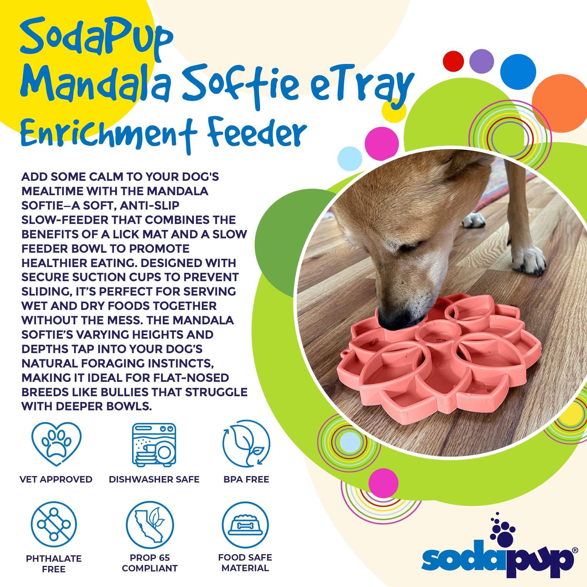 Pastel purple Mandala Softie ETRAY slow feeder dog bowl with suction cups by SodaPup, USA-made shallow dog bowl for mealtime.