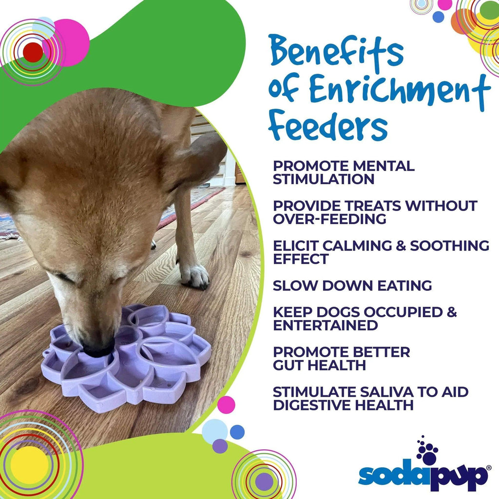 Pastel purple Mandala Softie eTray dog bowl by SodaPup with suction cups, shallow slow feeder for dogs, USA made.