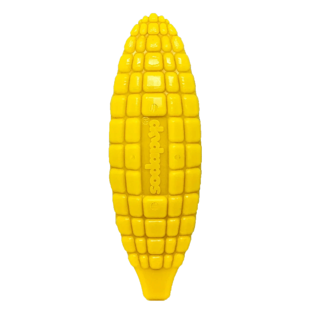 Yellow nylon corn on the cob dog toy by SodaPup, designed for aggressive chewers, USA-made durable nylon dog toy.