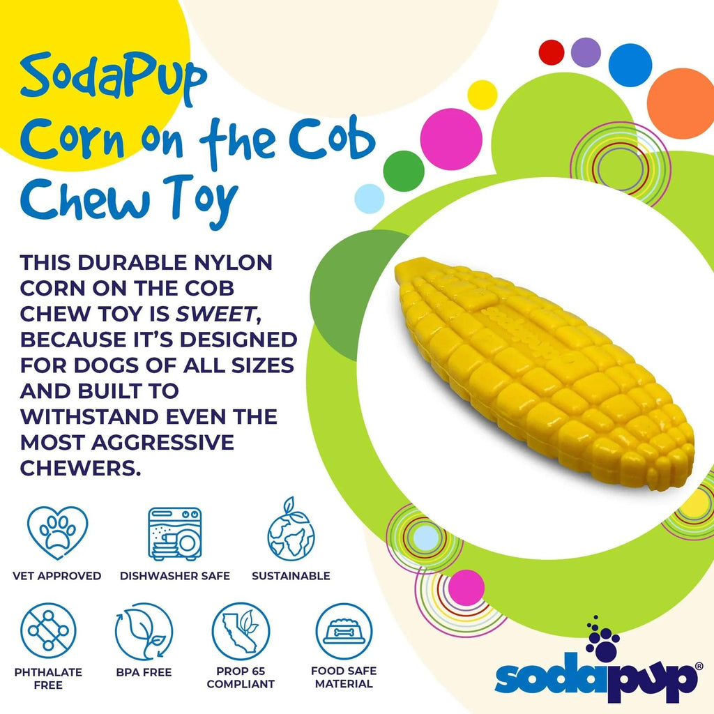 Yellow corn on the cob nylon dog toy for aggressive chewers by SodaPup, USA-made durable chew toy for dogs.