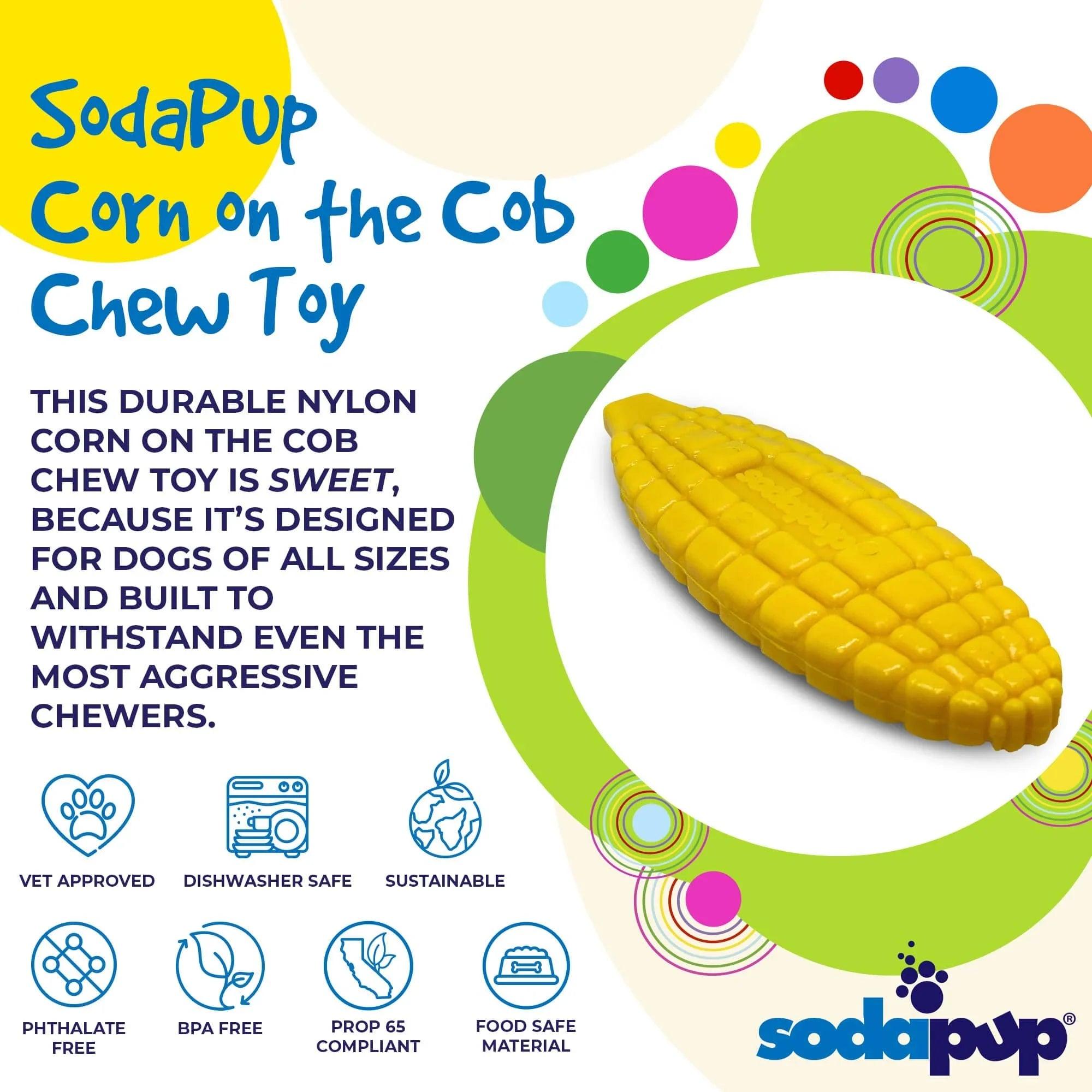 Yellow corn on the cob nylon dog toy for aggressive chewers by SodaPup, USA-made durable chew toy for dogs.