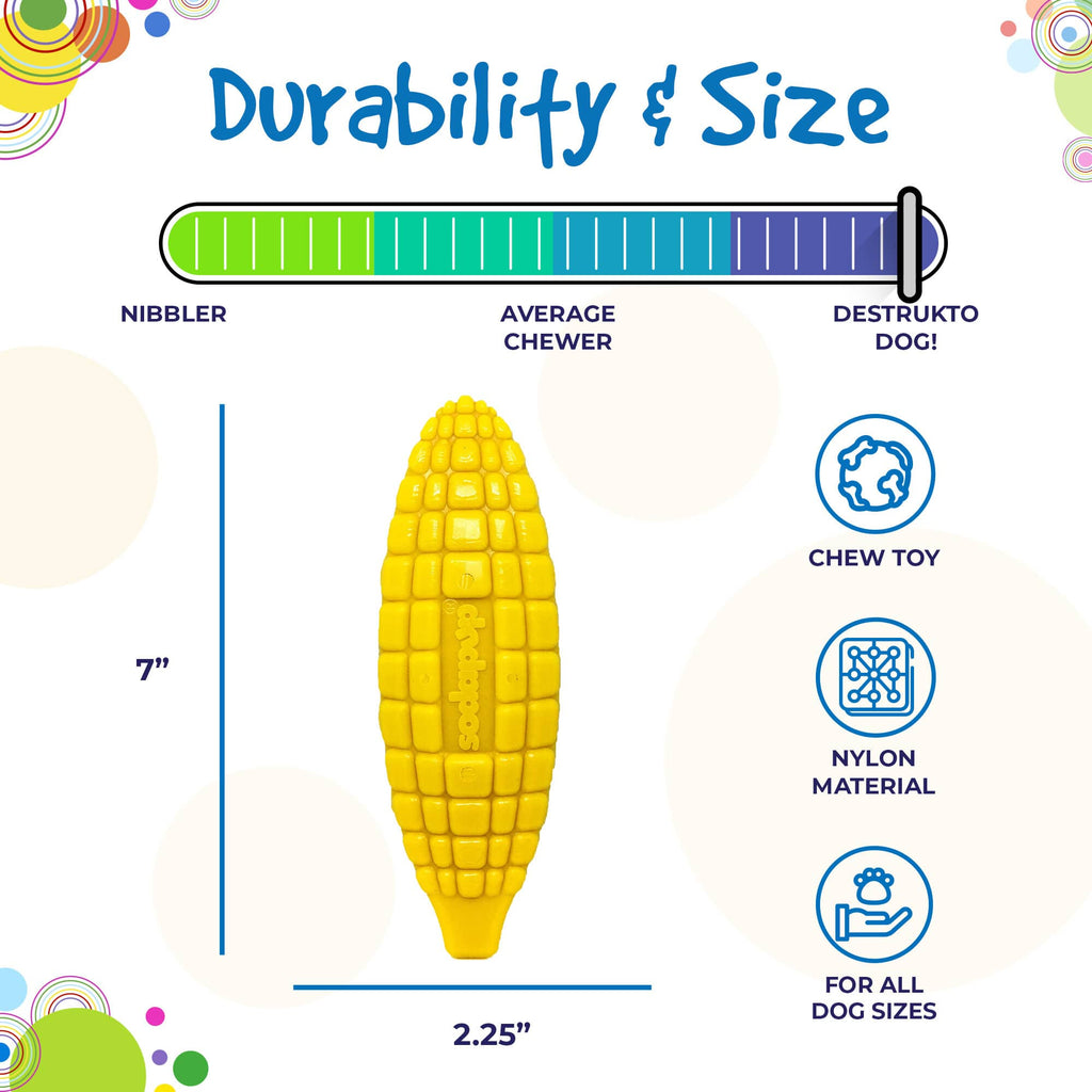 Yellow nylon corn on the cob dog toy by SodaPup, designed for aggressive chewers, made in the USA, with realistic corn details.