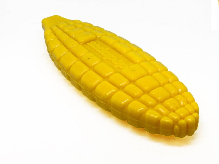 Yellow nylon dog toy shaped like a corn on the cob for aggressive chewers, made by SodaPup, USA-made durable chew toy for dogs.