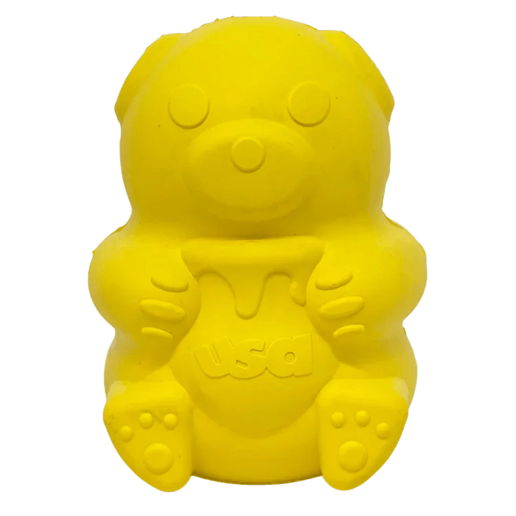 Medium Honey Bear rubber dog treat dispenser by SodaPup, durable USA-made rubber toy for dogs.