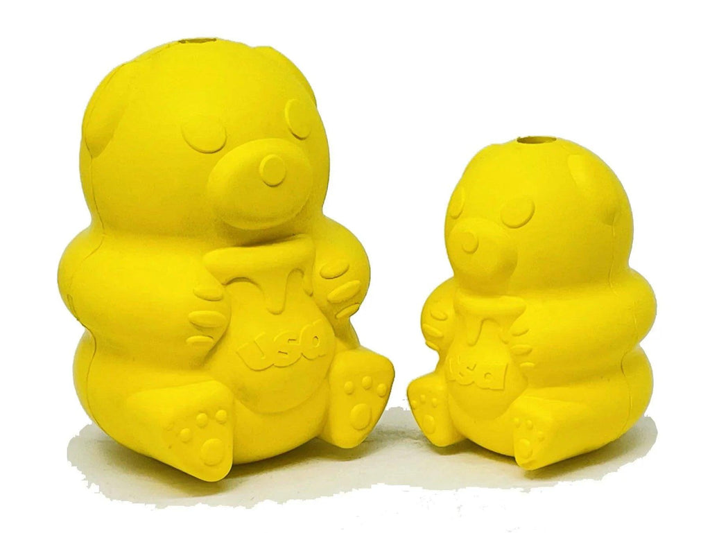 Medium Honey Bear Rubber Dog Toy and Treat Dispenser by SodaPup, durable rubber pet toy for dogs, USA-made.