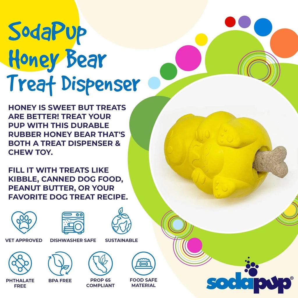 Rubber Honey Bear treat dispenser for dogs by SodaPup, durable and medium-sized, made in the USA, designed for interactive play.