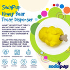 Rubber Honey Bear treat dispenser for dogs by SodaPup, durable and medium-sized, made in the USA, designed for interactive play.