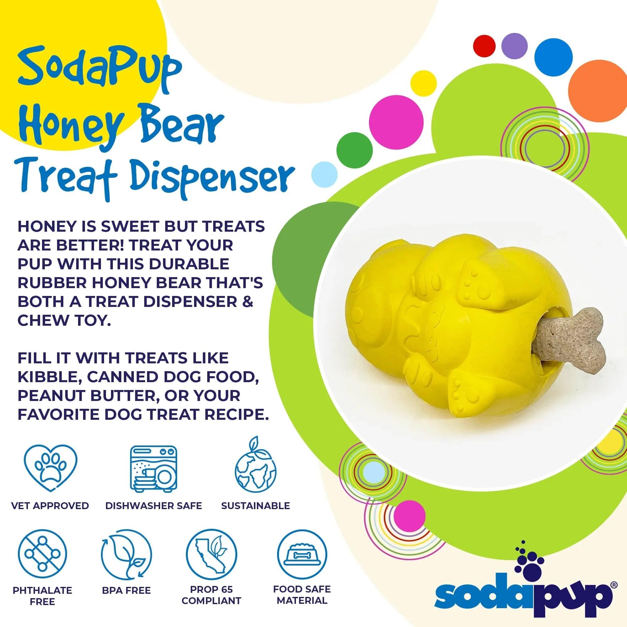 Rubber Honey Bear treat dispenser for dogs by SodaPup, durable and medium-sized, made in the USA, designed for interactive play.