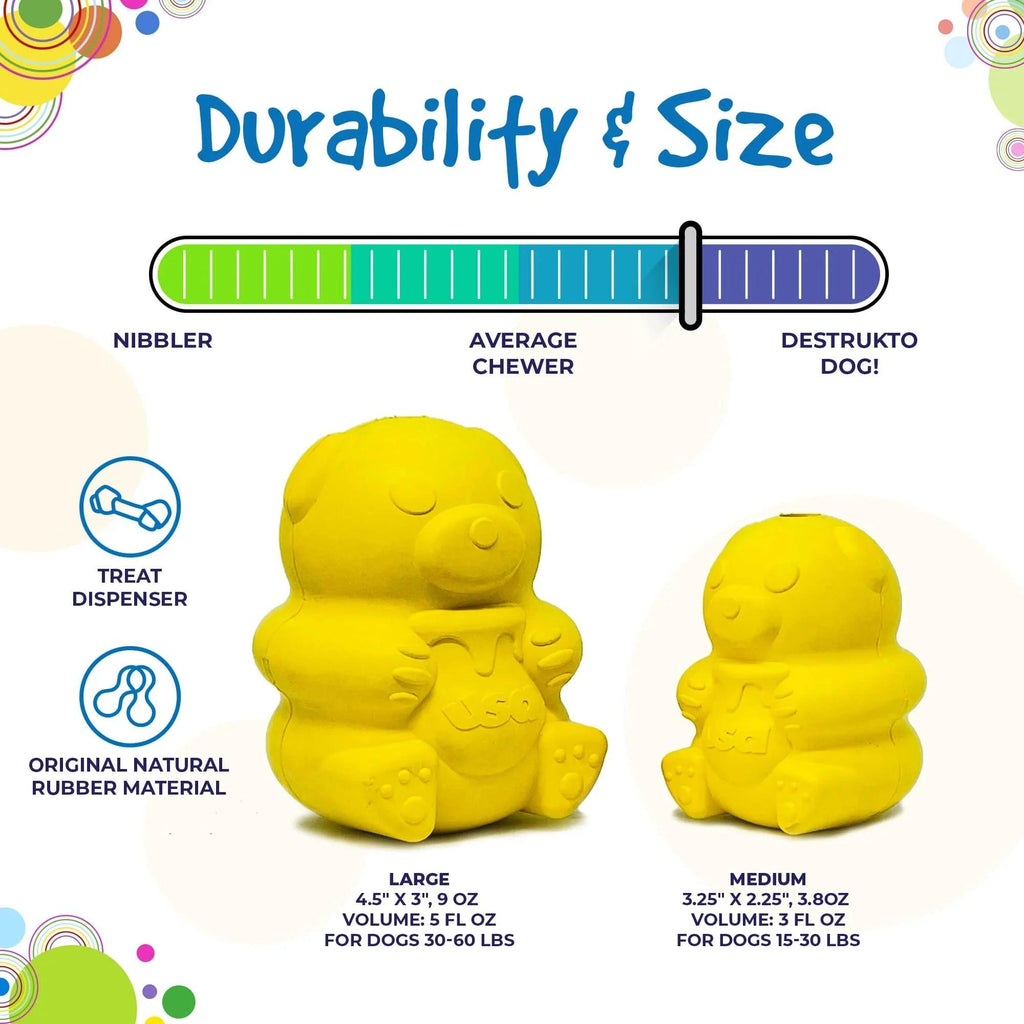 Rubber Honey Bear dog treat dispenser by SodaPup, durable USA-made toy for dogs with textured rubber surface.