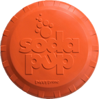 Orange Rubber Frisbee for Dogs from SodaPup, vet-approved and USA-made, shown as a durable, circular dog toy with a bottle top design.