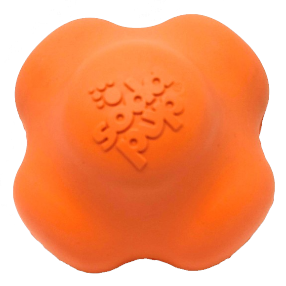 Orange Crazy Bounce rubber dog toy for power chewers, retrieving ball, made by SodaPup/True Dogs, LLC, durable and USA-made.