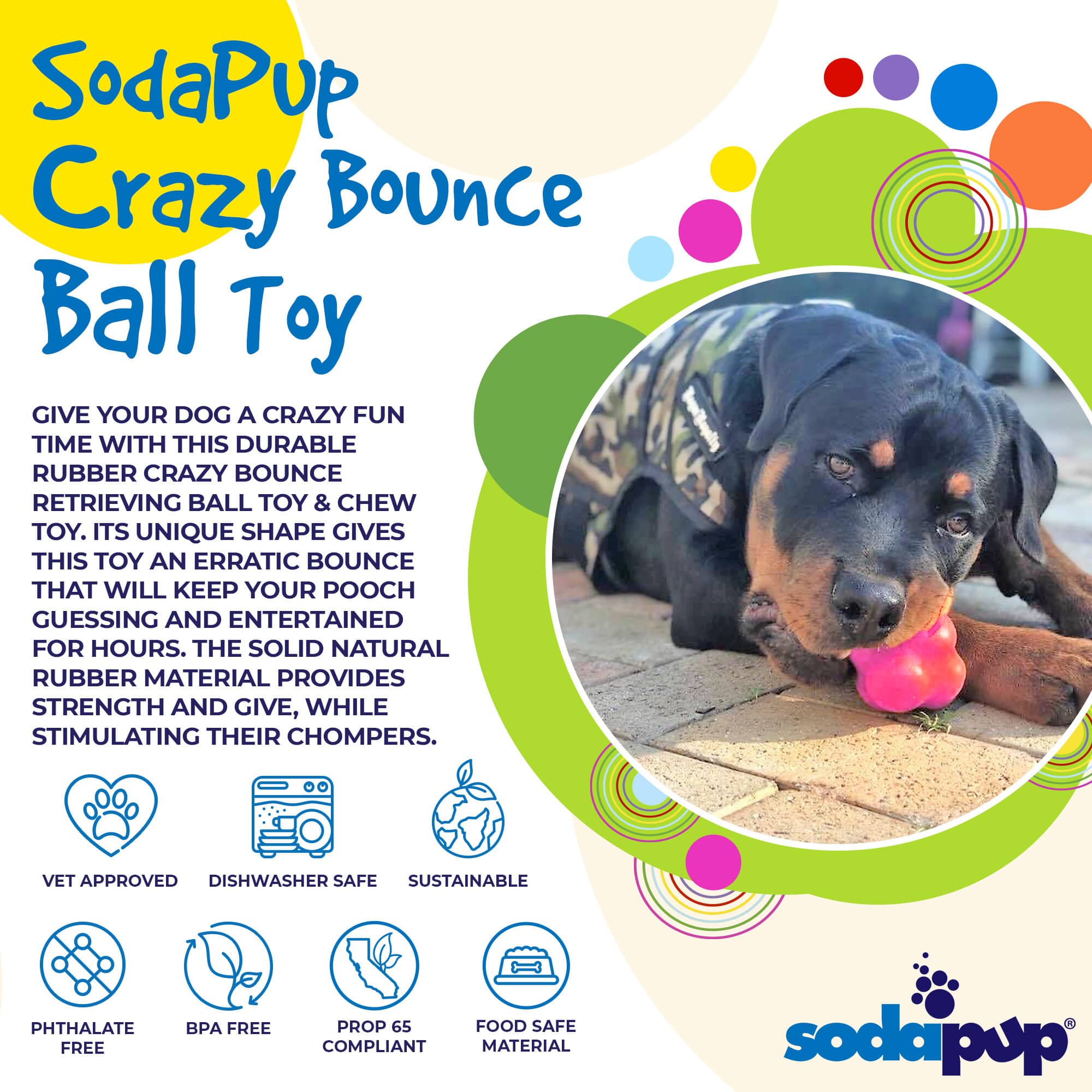 Orange Crazy Bounce Rubber Dog Chew Toy for power chewers, designed for retrieving and play, made by SodaPup/True Dogs in the USA.