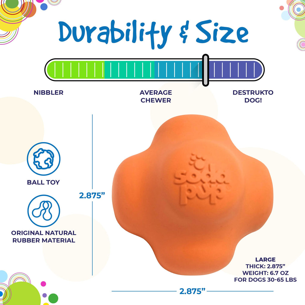 Orange Crazy Bounce rubber dog chew toy for power chewers, with retrieving ball design, made by SodaPup/True Dogs in the USA.
