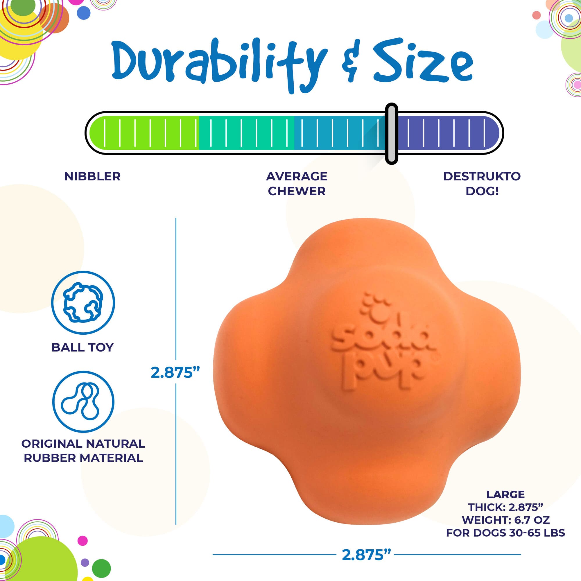 Orange Crazy Bounce rubber dog chew toy for power chewers, with retrieving ball design, made by SodaPup/True Dogs in the USA.