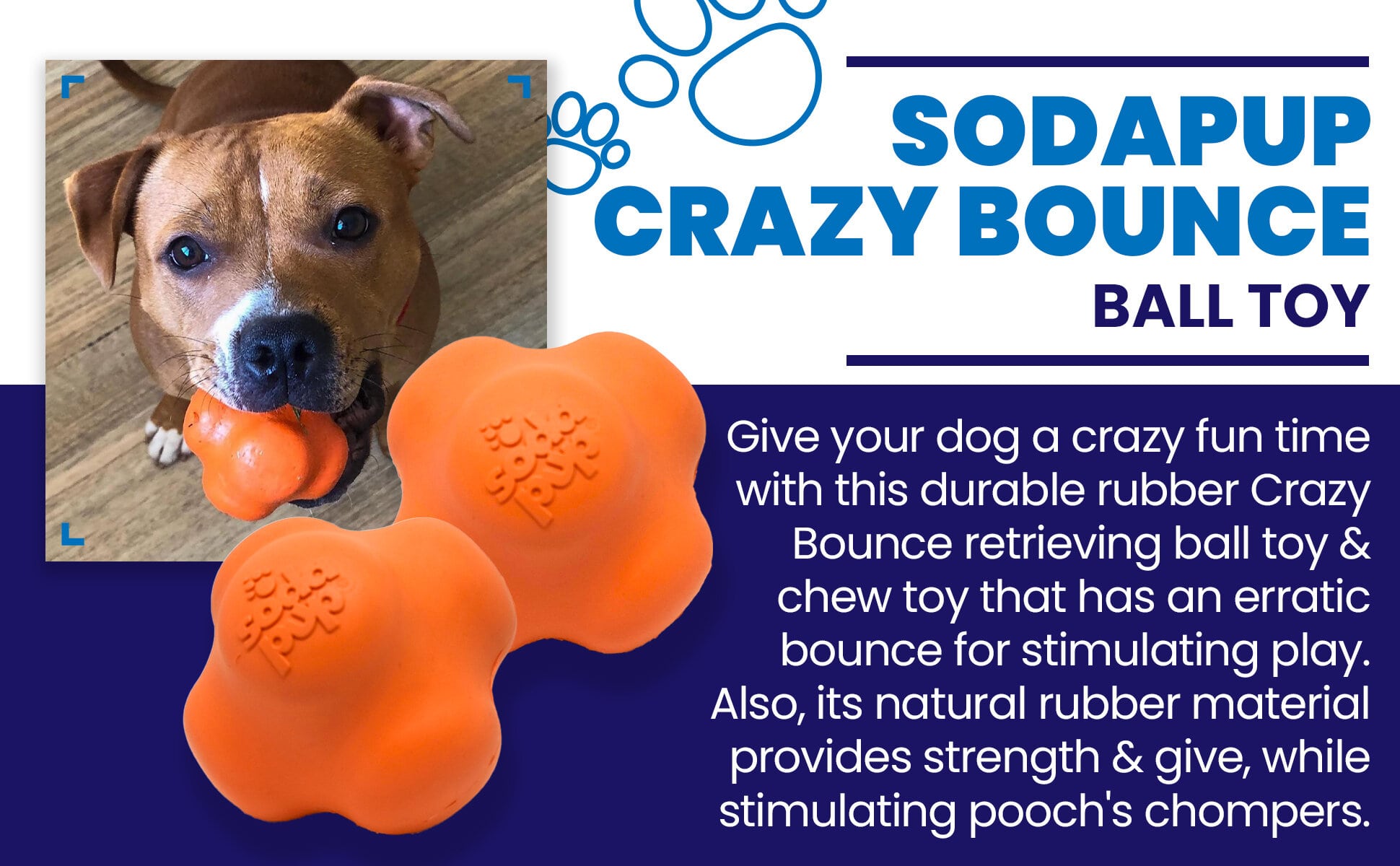 Orange Crazy Bounce Rubber Dog Chew Toy for power chewers by SodaPup, featuring a retrieving ball design, USA made durable rubber.
