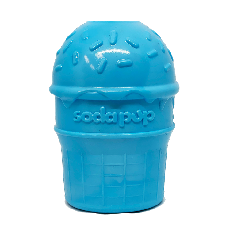 Blue rubber ice cream cone dog chew toy for power chewers, made by SodaPup, USA-made durable rubber dog toy.