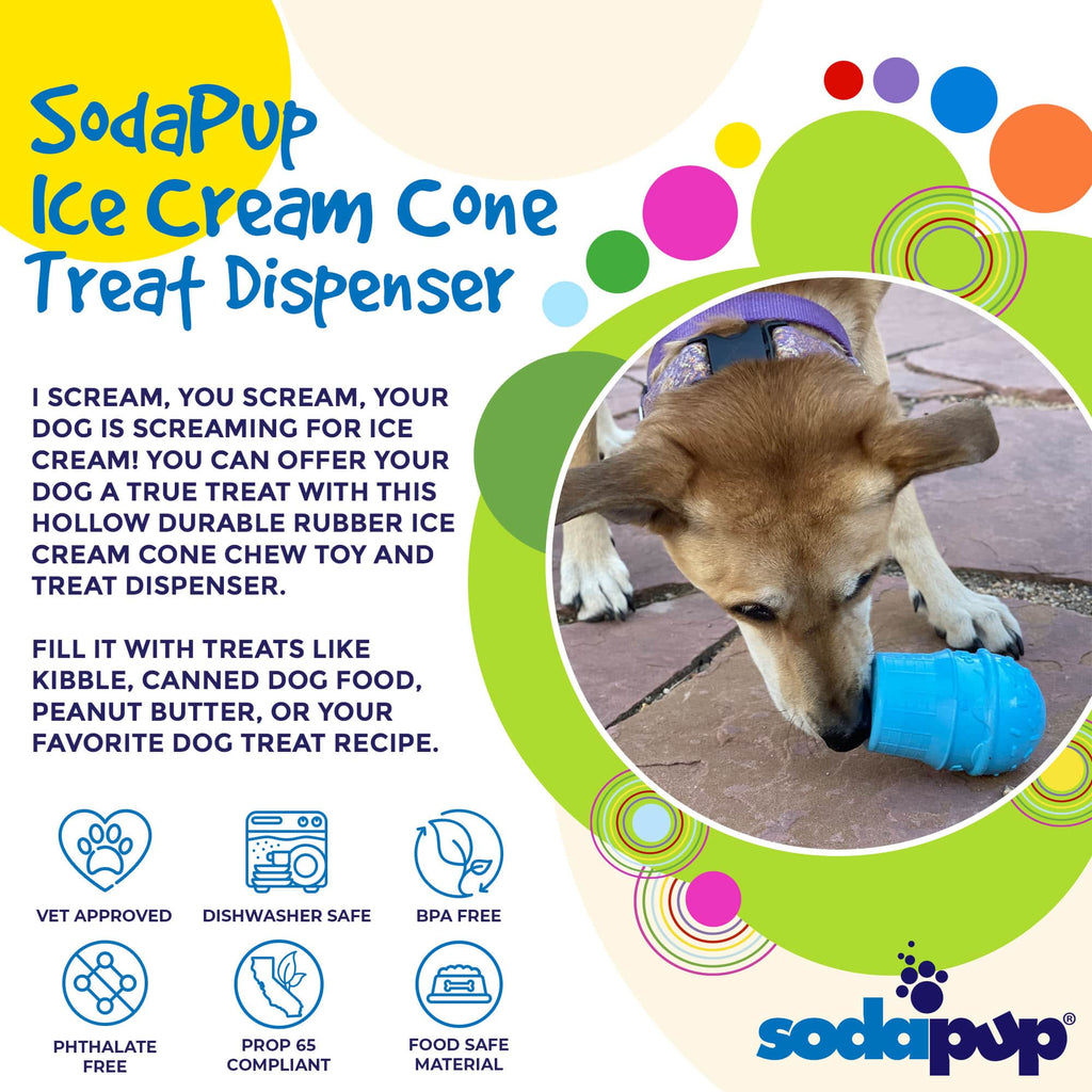 Blue ice cream cone rubber dog toy for power chewers, made by SodaPup, USA-made durable chew toy for dogs.