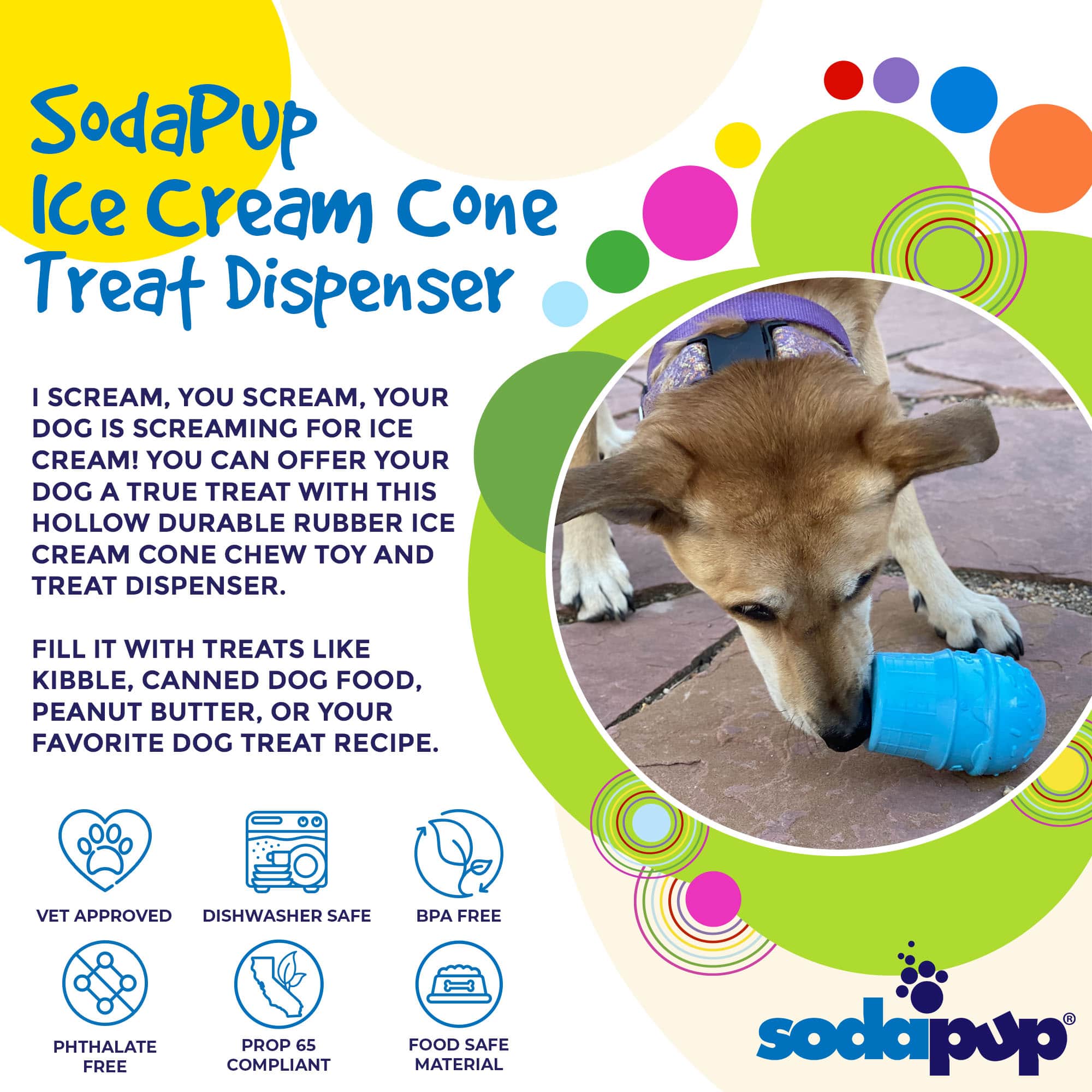 Blue ice cream cone rubber dog toy for power chewers, made by SodaPup, USA-made durable chew toy for dogs.