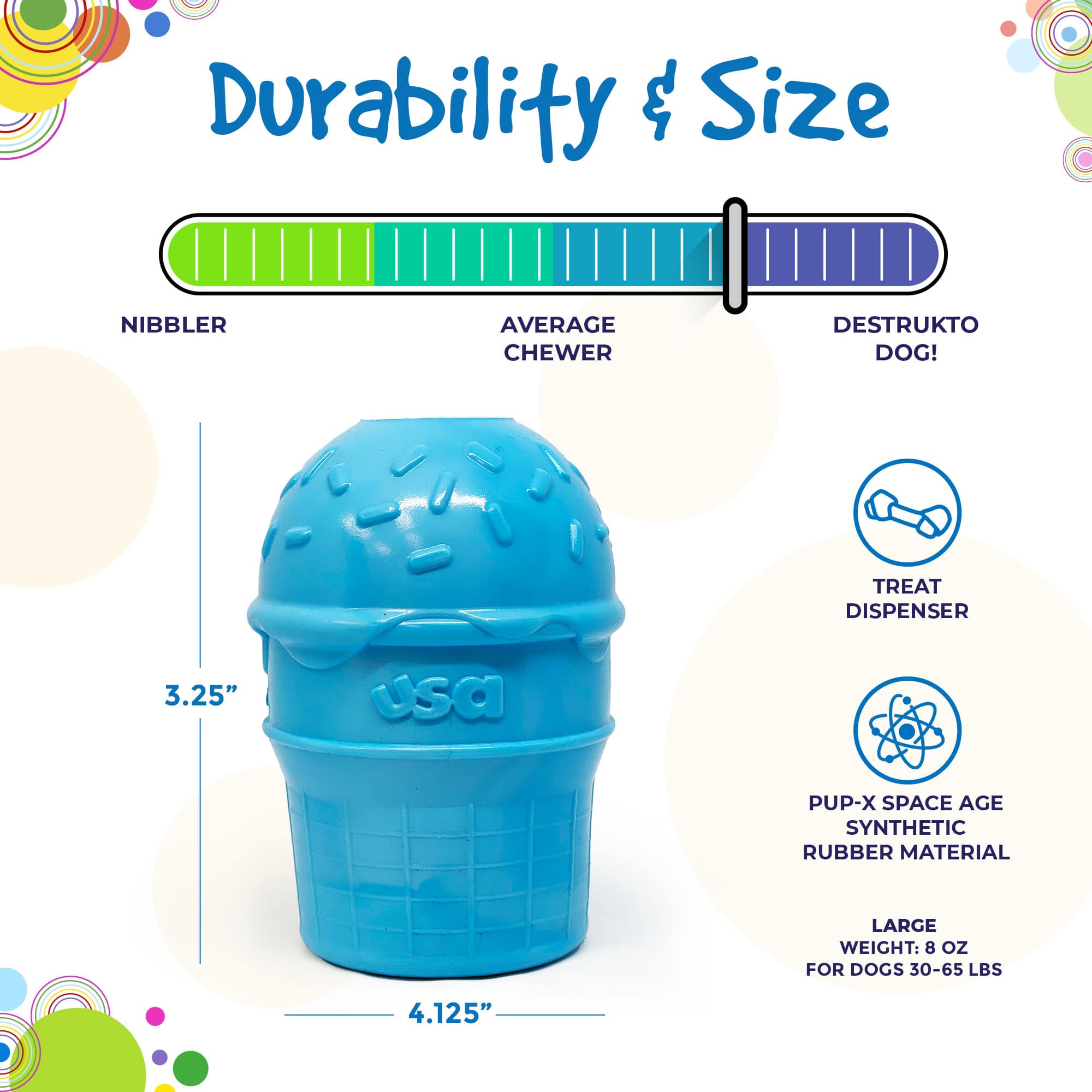 Blue ice cream cone rubber dog chew toy for power chewers, made in the USA by SodaPup, designed for durable play.