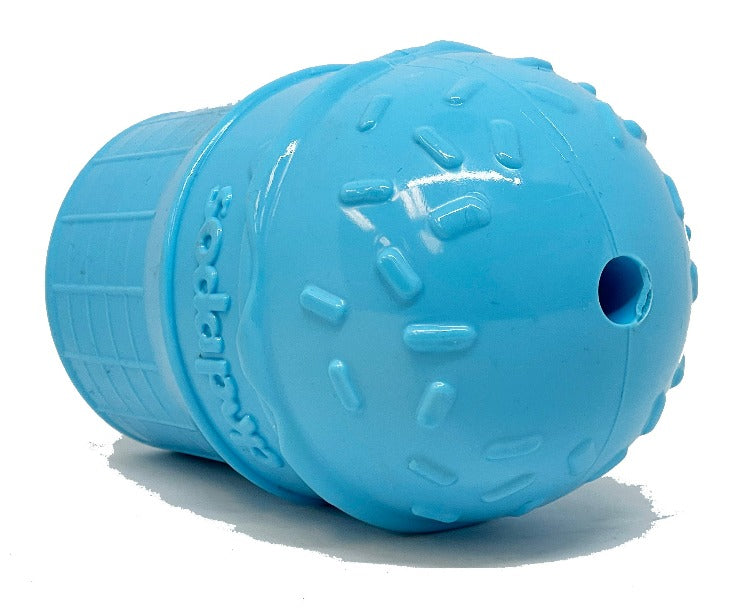 Blue rubber ice cream cone dog chew toy for power chewers, made by SodaPup, USA-made durable rubber dog toy for large dogs.
