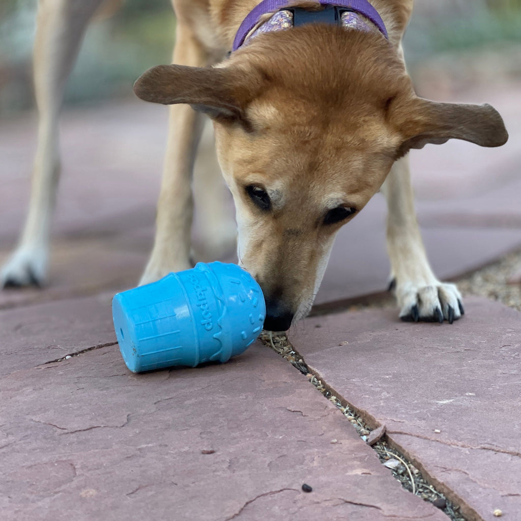 Blue ice cream cone rubber dog toy for power chewers, made in the USA by SodaPup, designed for durable dog play and chewing.