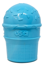 Blue ice cream cone rubber dog chew toy for power chewers by SodaPup, USA-made durable dog toy for strong chewers.