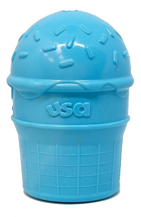 Blue ice cream cone rubber dog chew toy for power chewers by SodaPup, USA-made durable dog toy for strong chewers.
