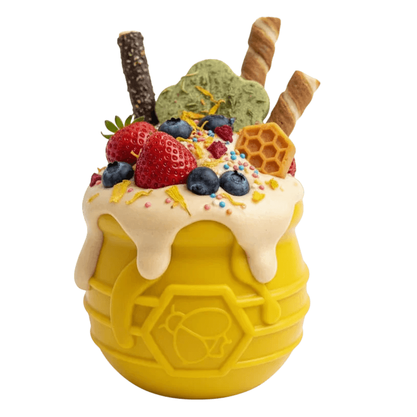 Yellow Honey Pot Dog eCup treat dispenser by SodaPup, durable rubber enrichment toy for dogs, USA made.