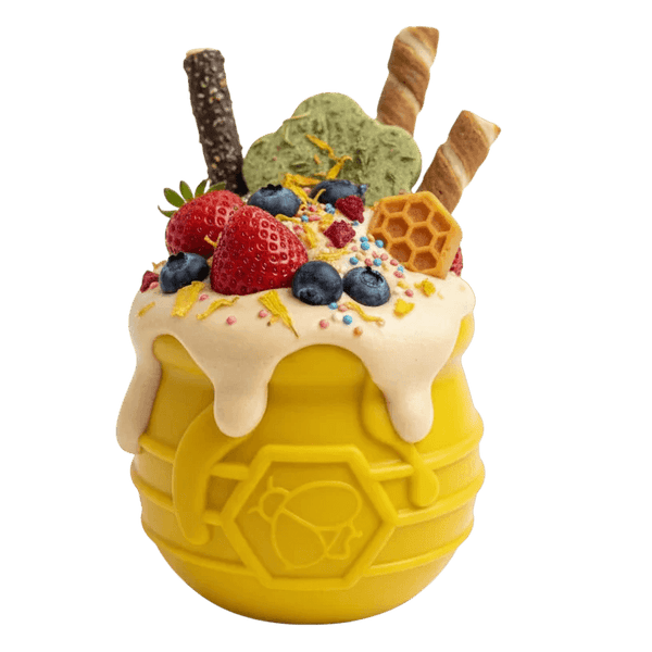 Yellow Honey Pot Dog eCup treat dispenser by SodaPup, durable rubber enrichment toy for dogs, USA made.