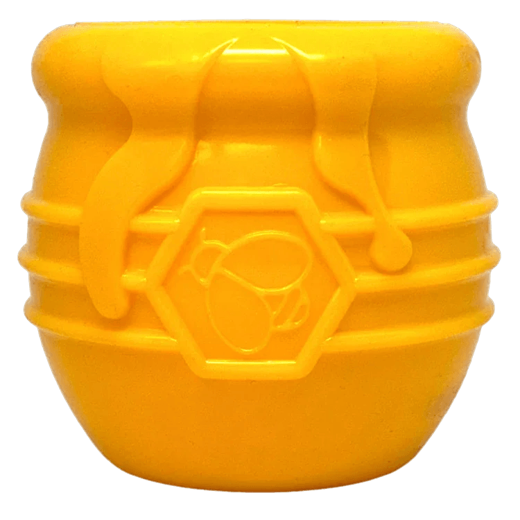 Yellow Honey Pot Dog Treat Dispenser by SodaPup, a durable rubber enrichment toy for dogs, USA made.