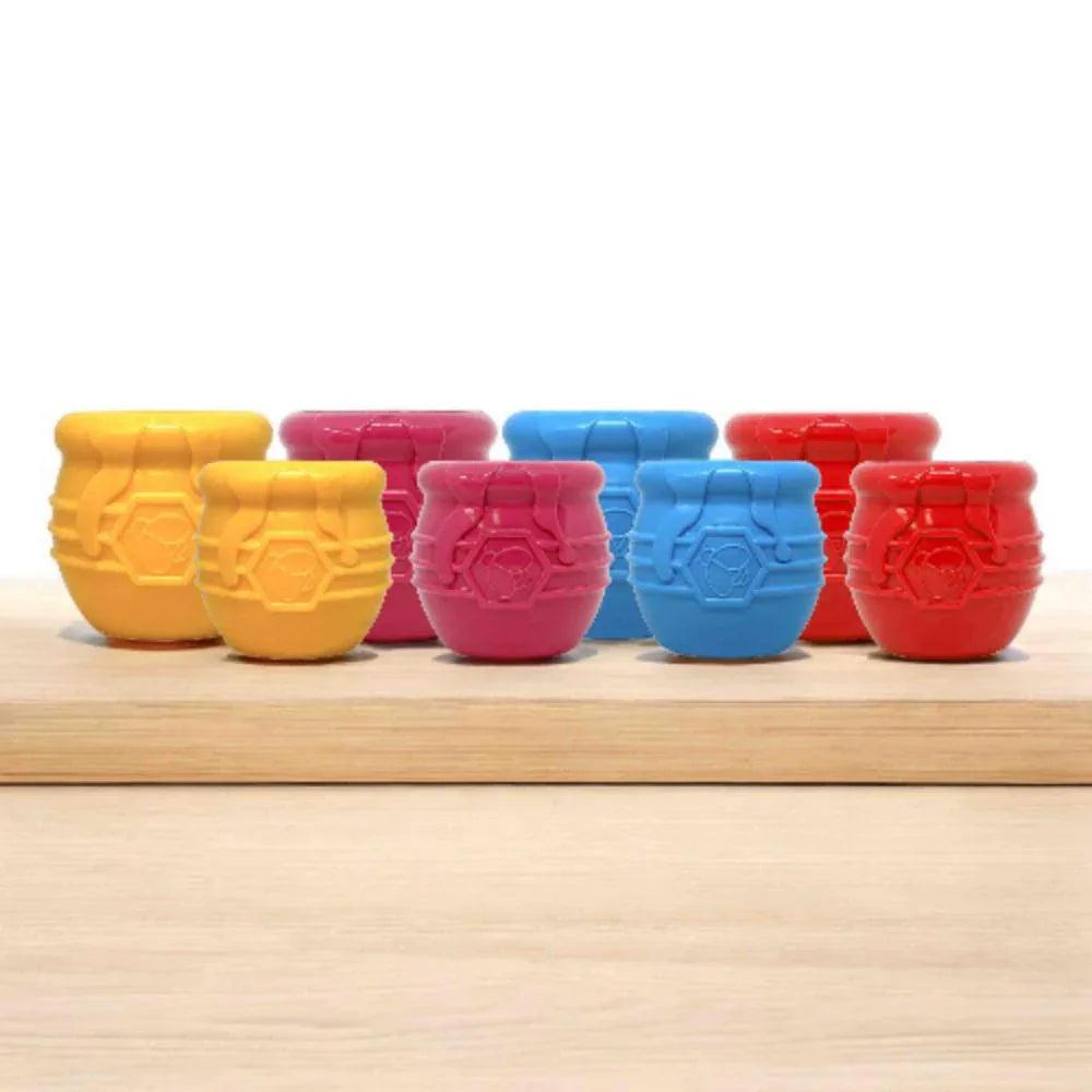 Yellow Honey Pot Dog eCup Treat Dispenser by SodaPup, durable rubber enrichment toy for dogs, USA made.