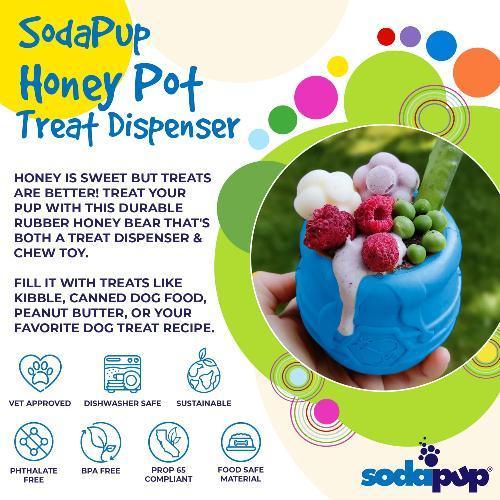 Yellow Honey Pot Dog Treat Dispenser by SodaPup, made of durable rubber, designed for enrichment and interactive play.