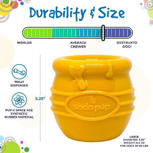 Yellow Honey Pot Dog eCup treat dispenser made of durable rubber by SodaPup, designed for enrichment and play.