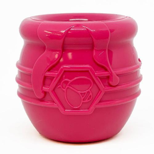 Yellow Honey Pot Dog Treat Dispenser by SodaPup, durable rubber enrichment toy for dogs, USA made, features a large treat compartment.
