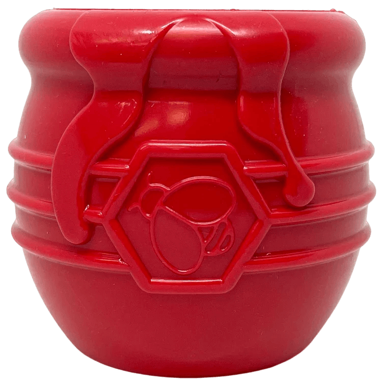 Yellow Honey Pot Dog Treat Dispenser by SodaPup, durable rubber toy for enrichment and play, USA made for dogs.