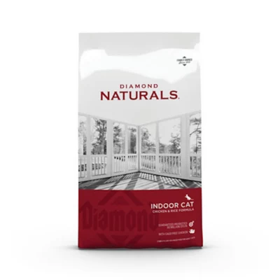 Dry cat food bag from The Family Pet featuring Diamond Naturals Indoor Chicken and Rice formula in a 6 lb bag.