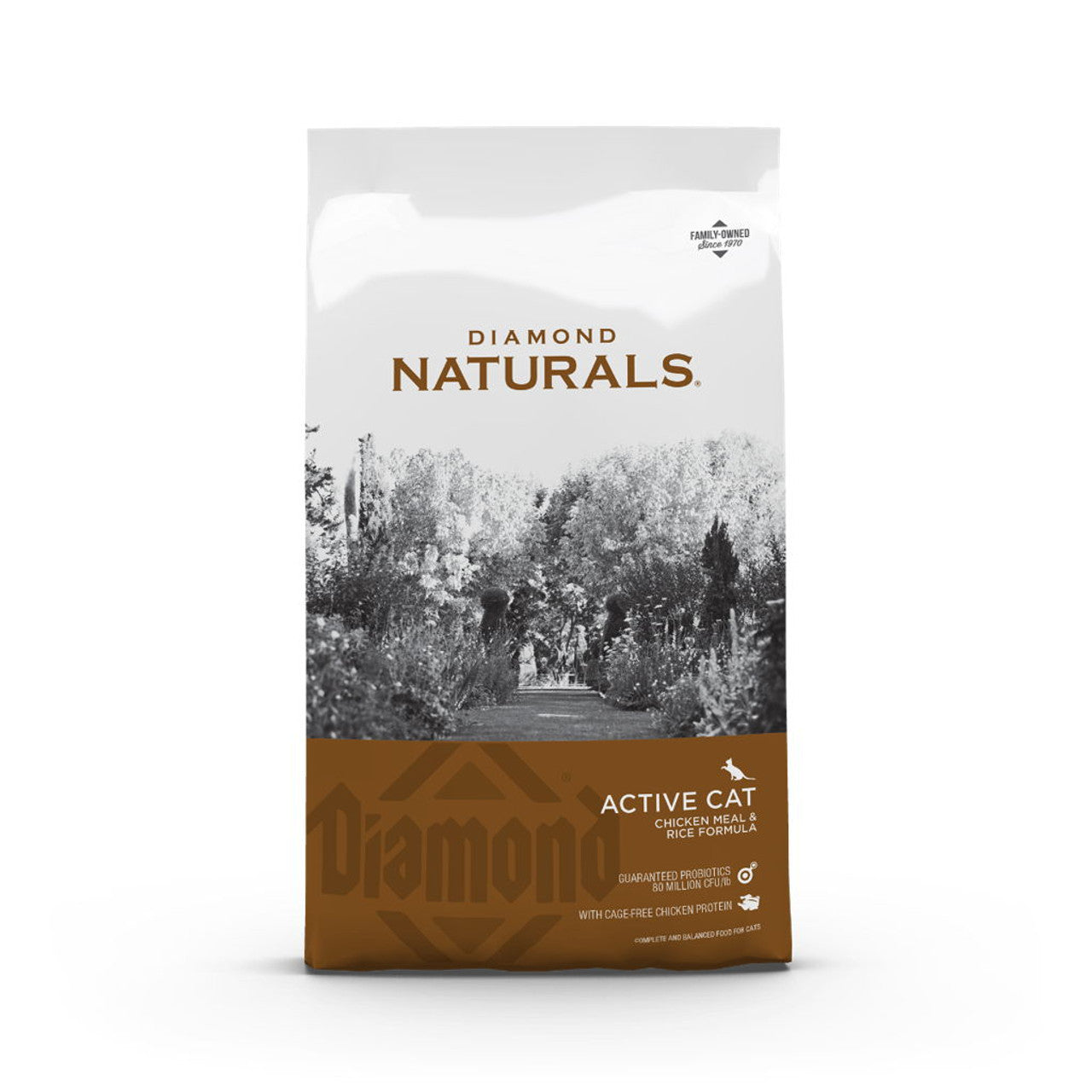 Dry cat food bag from Diamond Naturals Active Cat line, chicken and rice flavor, 6lb bag for cats by The Family Pet