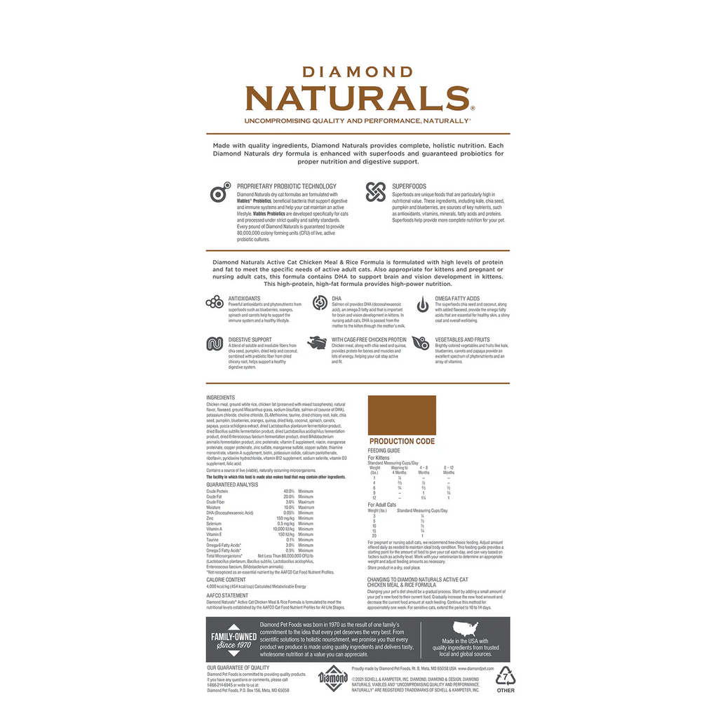 Dry cat food by Diamond Naturals Active Cat with chicken and rice, 6lb bag, suitable for active cats.