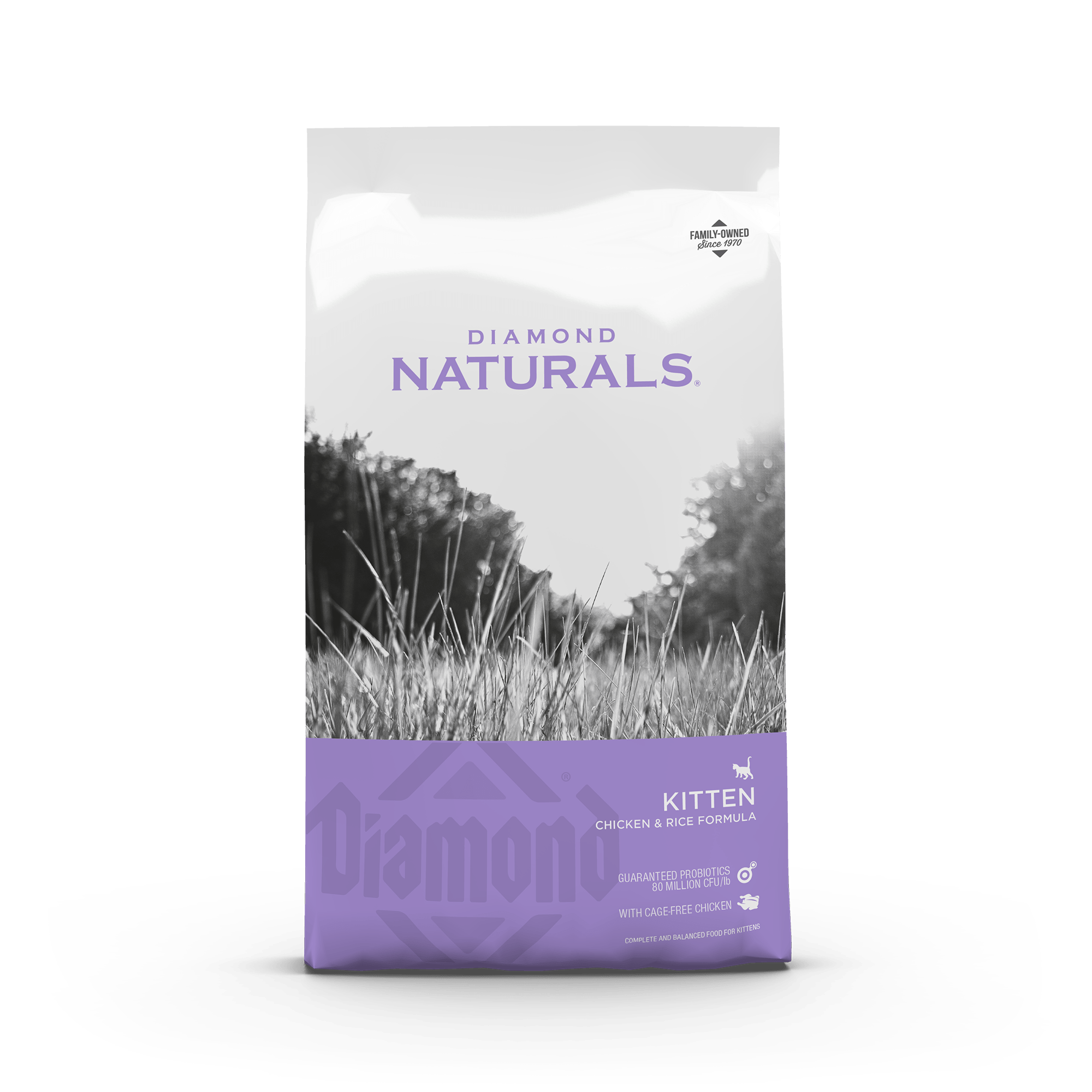 Bag of Diamond Naturals Kitten Chicken and Rice Dry Cat Food by The Family Pet, 6lb, shown in the image.