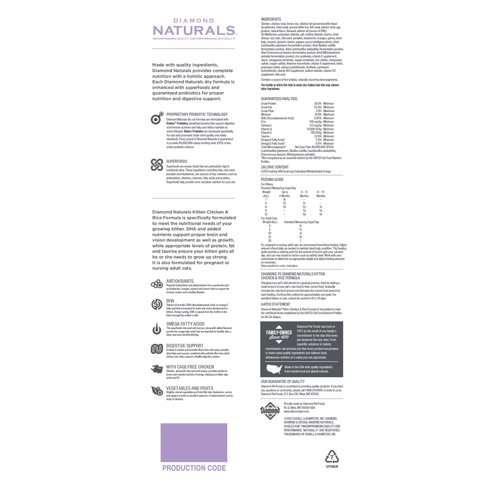 Diamond Naturals Kitten Chicken and Rice Dry Cat Food by The Family Pet, 6lb bag with kibble visible in the image.