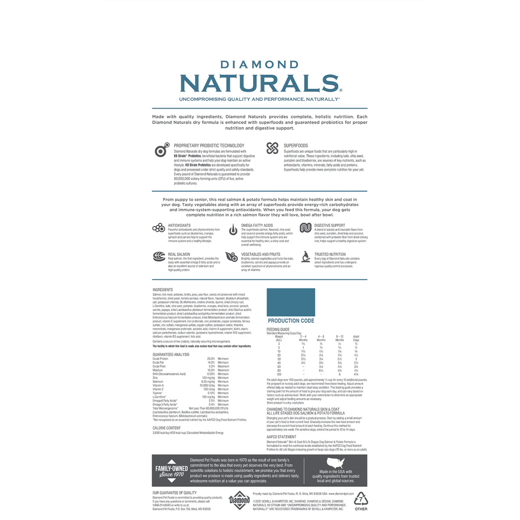 Dry dog food bag from Diamond Naturals, Salmon and Potato flavor for adult dogs, focusing on skin and coat health.
