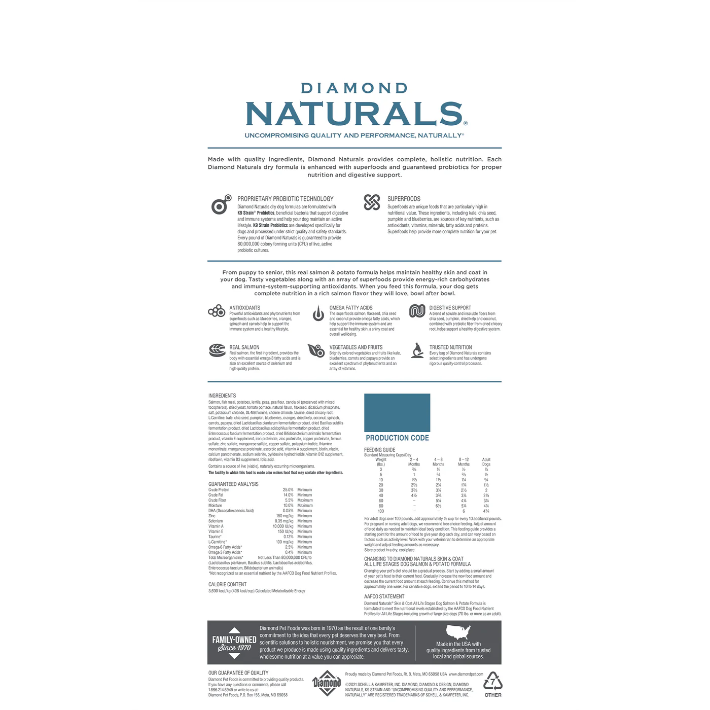 Dry dog food bag from Diamond Naturals, Salmon and Potato flavor for adult dogs, focusing on skin and coat health.