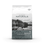 Dry dog food bag by The Family Pet, Diamond Naturals Senior Chicken, Egg, and Oatmeal formula in an 18lb package.
