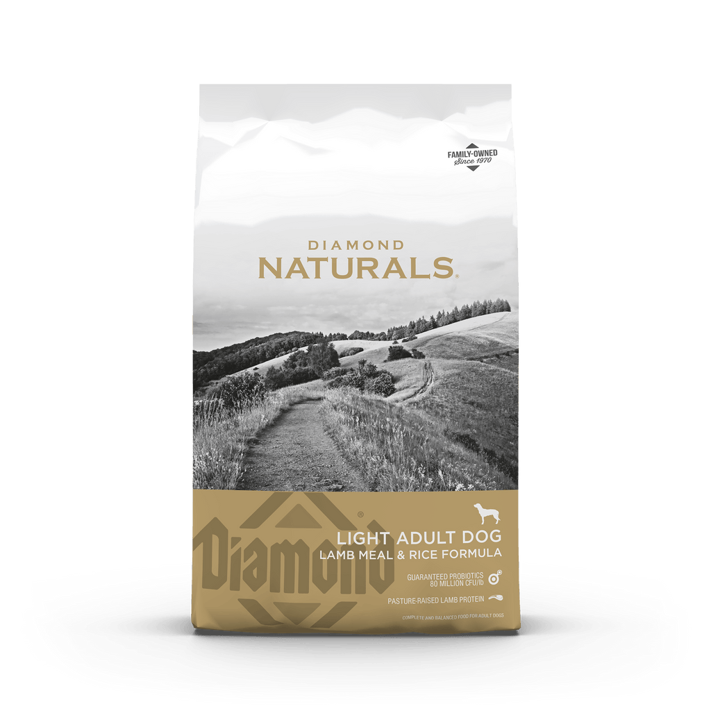 Diamond Naturals Adult Lite Lamb and Rice dry dog food in a 30lb bag, premium dog food by The Family Pet, with lamb and rice formula.