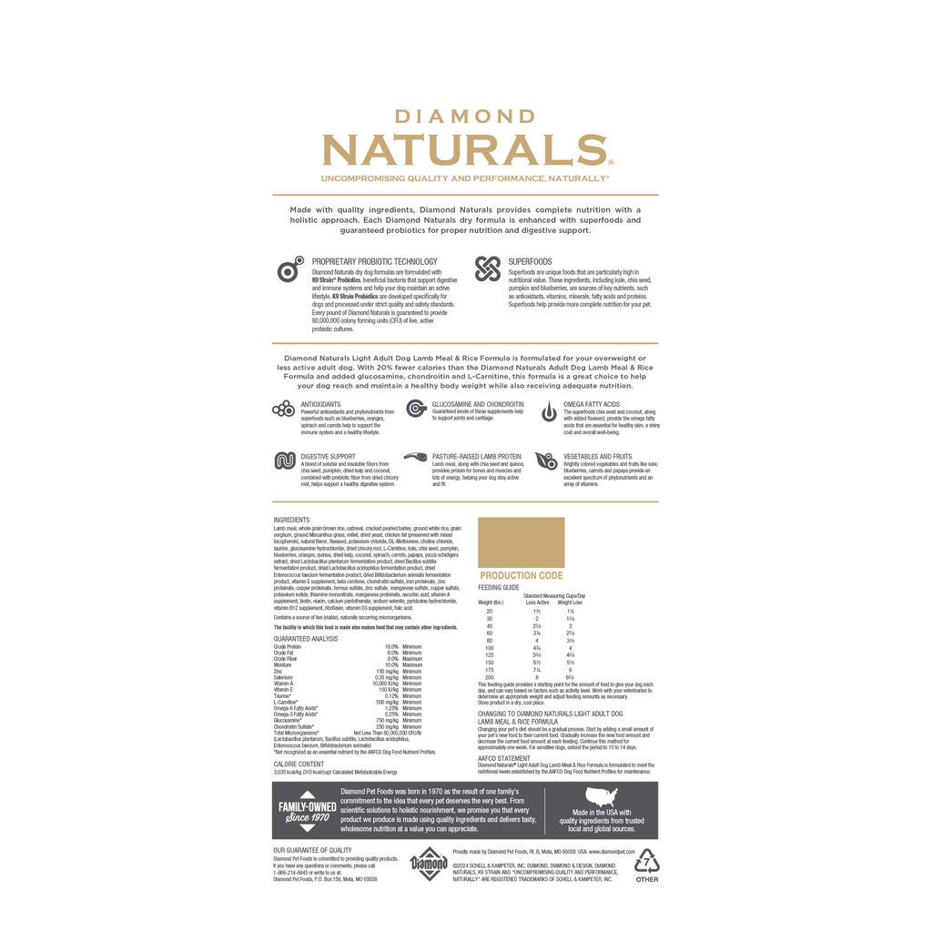 Dry dog food bag by The Family Pet, Diamond Naturals Adult Lite Lamb and Rice formula, 30lb bag, high-quality kibble for adult dogs.
