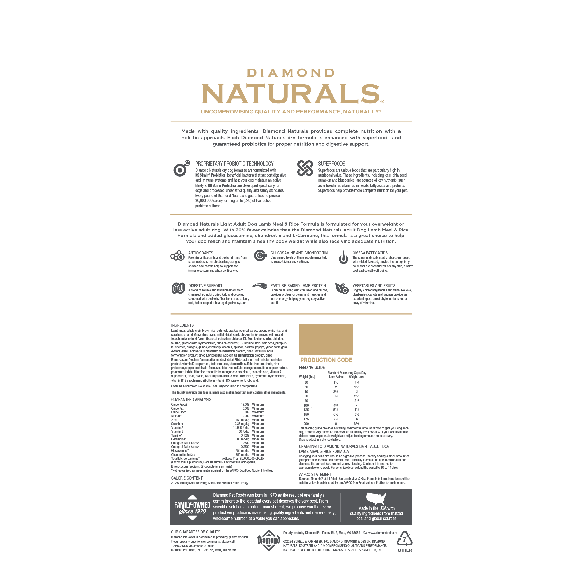 Dry dog food bag by The Family Pet, Diamond Naturals Adult Lite Lamb and Rice formula, 30lb bag, high-quality kibble for adult dogs.