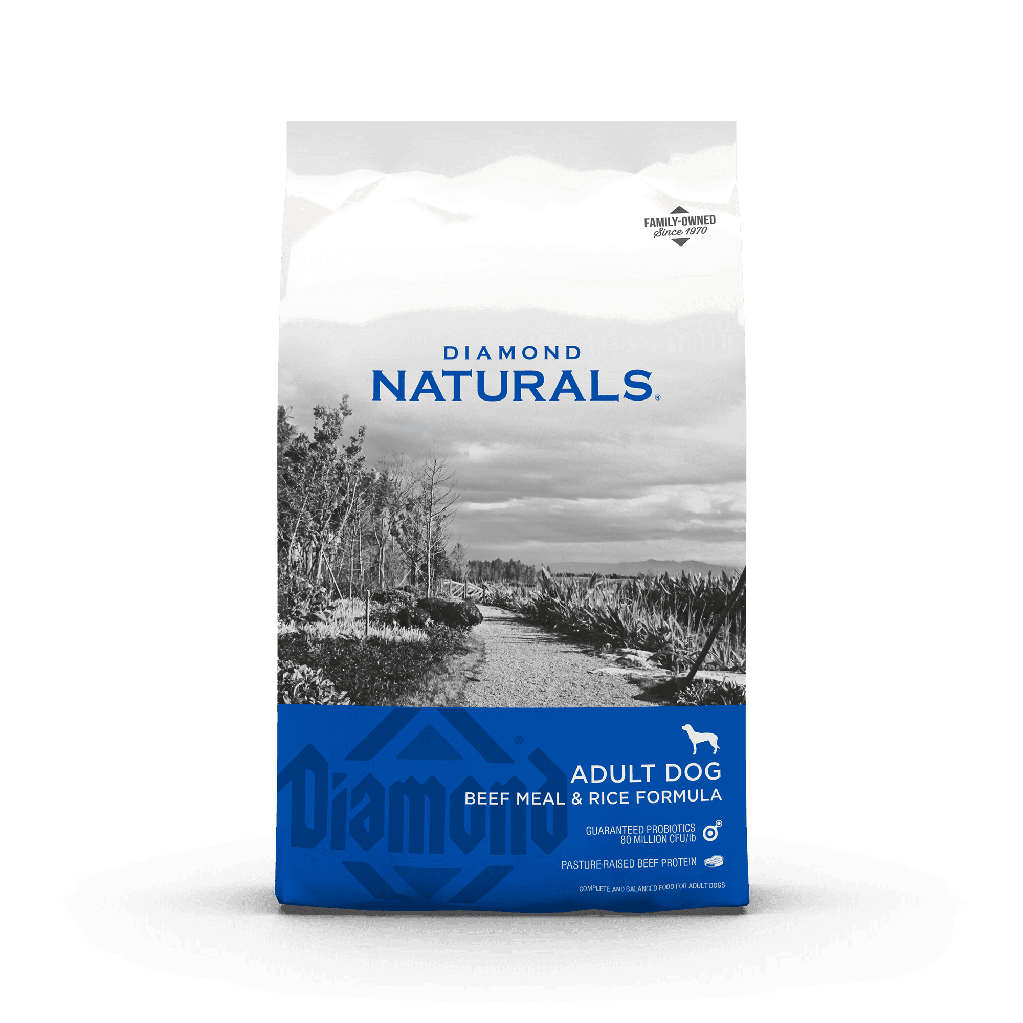 Dry dog food bag by The Family Pet, Diamond Naturals Adult Beef Meal & Rice formula, 40lb bag of nutritious dry dog food